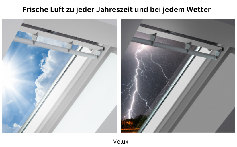 zwei geschlossene Dachfenster mit offenen Lüftungsblenden für Frischluftzufuhr bei schönem Wetter und bei schlechtem Wetter