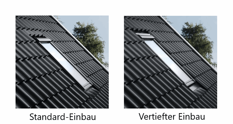 Zwei verschiedenen Montageebenen der VELUX Dachfenster: dem Standard- sowie dem vertieften Einbau.