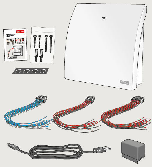 Wandmontage VELUX INTEGRA KLF 200 mit Eingangskabelbündel, Ausgang Kabelbündel und 230V Netzteil