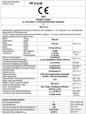 Porenbeton, Gasbeton Planstein SOLBET PP2-040 nach DIN V 4108-4